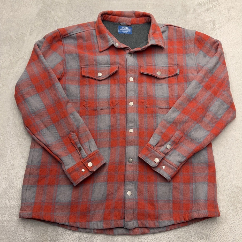 AFTCO Shirt Jacket Mens XXL Orange Plaid Fleece Lined Flannel Snap Front Outdoor